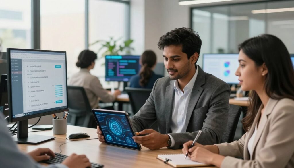 A modern office environment showcasing a diverse group of professionals engaged in discussions about multilingual voice AI technology. In the foreground, a South Asian man in business attire interacts with a sleek AI interface on a tablet, while a Hispanic woman, also dressed professionally, takes notes. In the middle ground, a backdrop of soft-focus monitors displays various language options and speech recognition graphics, illustrating the system's multilingual capabilities. The background features a bright, airy office with large windows letting in warm natural light, accentuating the collaborative atmosphere. The setting conveys a sense of innovation and global reach, with a harmonious blend of cultures, evoking a mood of unity and progress in communication technology. A modern office environment showcasing a diverse group of professionals engaged in discussions about multilingual voice AI technology. In the foreground, a South Asian man in business attire interacts with a sleek AI interface on a tablet, while a Hispanic woman, also dressed professionally, takes notes. In the middle ground, a backdrop of soft-focus monitors displays various language options and speech recognition graphics, illustrating the system's multilingual capabilities. The background features a bright, airy office with large windows letting in warm natural light, accentuating the collaborative atmosphere. The setting conveys a sense of innovation and global reach, with a harmonious blend of cultures, evoking a mood of unity and progress in communication technology.