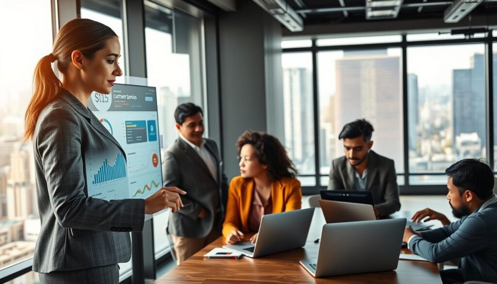 A modern office environment showcasing a diverse, professional team engaged in a customer service meeting. In the foreground, a focused female manager in business attire, pointing at a digital display filled with performance analytics and metrics. In the middle, team members of various ethnicities collaborating over laptops, discussing strategies to improve service efficiency. In the background, large windows reveal a bustling cityscape, symbolizing scale and connectivity. Bright, natural light fills the room, enhancing a sense of innovation and teamwork. The atmosphere is energetic, reflecting a commitment to customer service excellence, underscored by advanced technology setups like AI-driven voice assistant interfaces. Shoot with a wide-angle lens to capture the dynamic environment.