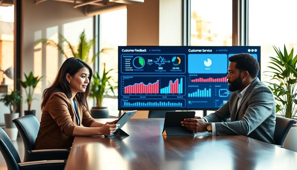 A modern office environment showcasing a diverse team of professionals engaged in a review session focused on customer service quality. In the foreground, a mid-30s woman of Asian descent and a man in his late 20s of African descent are seated at a conference table, reviewing data on tablets, dressed in smart casual attire. The middle ground features two large screens displaying graphs and customer feedback metrics, symbolizing AI-driven insights. In the background, large windows let in warm, natural light, highlighting an inviting workspace with plants and technology seamlessly integrated. The mood is collaborative and productive, emphasizing a harmonious blend of human expertise and AI support in a future-forward customer service setting.