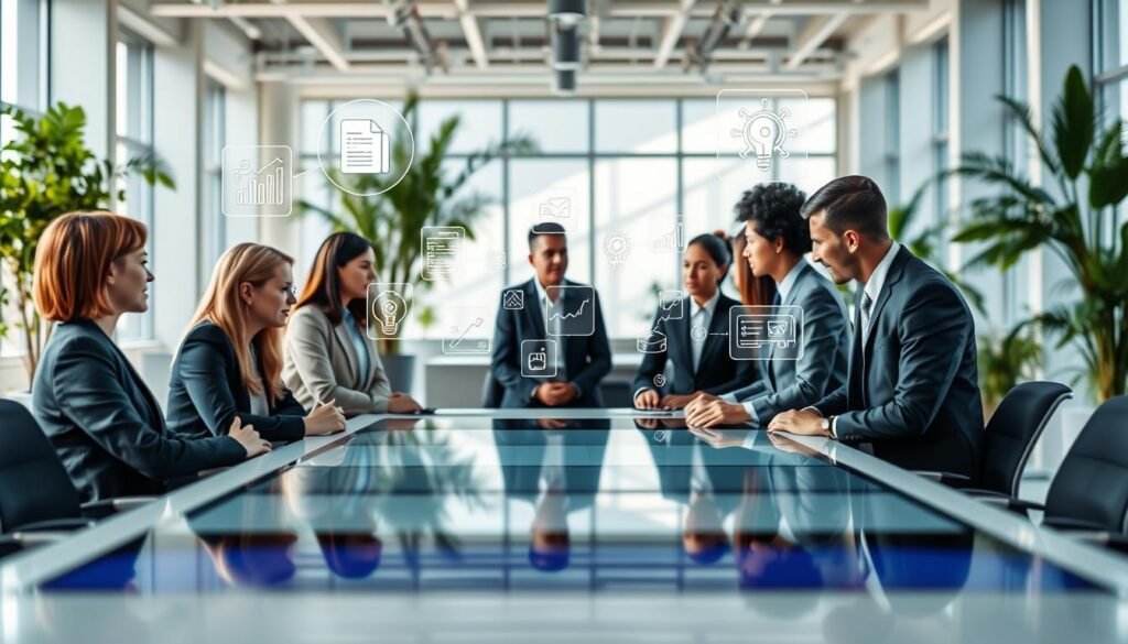A modern office environment showcasing a series of transition steps towards AI-first communication systems. In the foreground, a diverse group of professionals in business attire are engaged in a collaborative discussion around a sleek, high-tech conference table with digital screens. In the middle ground, visual elements represent traditional tools like telephones and paper forms gradually being replaced by advanced AI-driven interfaces, illustrated as floating holograms of chatbots and analytics. The background features an open office layout with large windows and green plants, creating a bright, welcoming atmosphere. Soft, natural light filters through the windows, casting gentle shadows, while a subtle lens blur emphasizes the professionals in focus. The overall mood is optimistic and forward-looking, symbolizing innovation and progress in communication technology. A modern office environment showcasing a series of transition steps towards AI-first communication systems. In the foreground, a diverse group of professionals in business attire are engaged in a collaborative discussion around a sleek, high-tech conference table with digital screens. In the middle ground, visual elements represent traditional tools like telephones and paper forms gradually being replaced by advanced AI-driven interfaces, illustrated as floating holograms of chatbots and analytics. The background features an open office layout with large windows and green plants, creating a bright, welcoming atmosphere. Soft, natural light filters through the windows, casting gentle shadows, while a subtle lens blur emphasizes the professionals in focus. The overall mood is optimistic and forward-looking, symbolizing innovation and progress in communication technology.