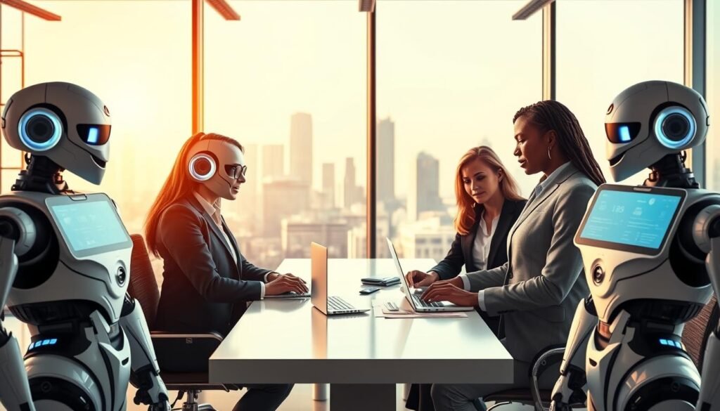 A modern office environment showcasing a vibrant interaction between customer service chatbots and a diverse group of professional businesspeople. In the foreground, sleek, futuristic chatbots with expressive digital screens depict human-like emotions, engaging with users in a friendly manner. In the middle, a team of business professionals in smart attire—two women and one man of different ethnic backgrounds—are collaborating around a large table, analyzing data on laptops while interacting with the chatbots. The background features a bright, open office space with large windows showcasing a city skyline, bathed in warm, natural light. The atmosphere is upbeat and productive, emphasizing a harmonious blend of technology and human interaction that enhances communication efficiency.