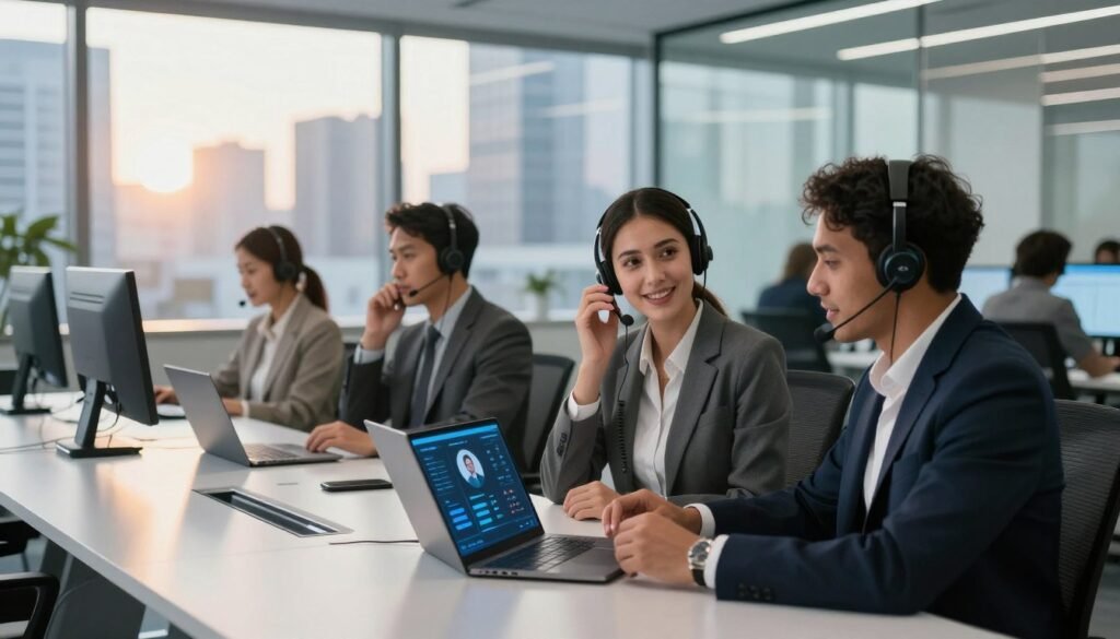 A modern office environment showcasing an AI phone answering service in action. In the foreground, a diverse group of three professional individuals, two men and one woman, dressed in smart business attire, are engaged in a lively discussion around a sleek conference table with a laptop open and digital interfaces displaying call metrics. In the middle ground, a futuristic call center can be seen, with headsets and advanced technology on desks. The background includes a large glass window revealing a bustling urban skyline, illuminated by warm, late afternoon sunlight. Soft focus on the background enhances the feeling of collaboration and professionalism. The overall mood is dynamic and innovative, illustrating efficiency and support in business operations, emphasizing the power of AI technology for 24/7 customer service.