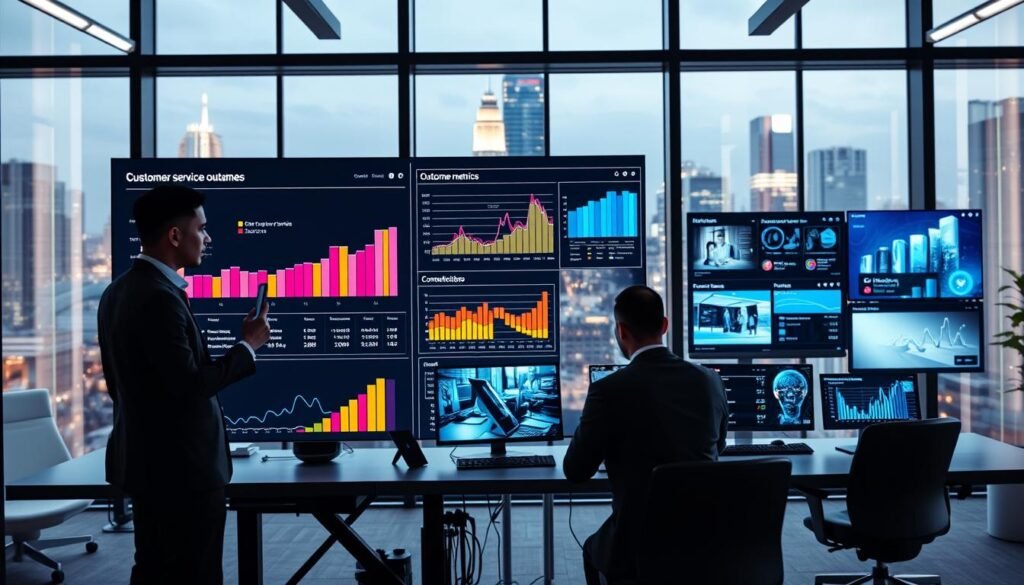 A modern office environment showcasing digital platforms outcome metrics. In the foreground, an elegant digital dashboard displays vibrant graphs and data analytics indicating customer service performance, with professional business professionals, dressed in smart attire, analyzing the metrics. The middle section features sleek, futuristic-looking devices and screens, highlighting AI-driven communication tools contrasted with traditional call center setups depicted on smaller screens. In the background, large windows provide a view of a dynamic cityscape, suggesting innovation and progress. Soft ambient lighting creates a welcoming and forward-thinking atmosphere, captured from a slightly elevated angle to emphasize the depth of technology integration in customer service. The overall mood conveys efficiency, modernity, and a shift towards AI-driven solutions. A modern office environment showcasing digital platforms outcome metrics. In the foreground, an elegant digital dashboard displays vibrant graphs and data analytics indicating customer service performance, with professional business professionals, dressed in smart attire, analyzing the metrics. The middle section features sleek, futuristic-looking devices and screens, highlighting AI-driven communication tools contrasted with traditional call center setups depicted on smaller screens. In the background, large windows provide a view of a dynamic cityscape, suggesting innovation and progress. Soft ambient lighting creates a welcoming and forward-thinking atmosphere, captured from a slightly elevated angle to emphasize the depth of technology integration in customer service. The overall mood conveys efficiency, modernity, and a shift towards AI-driven solutions.