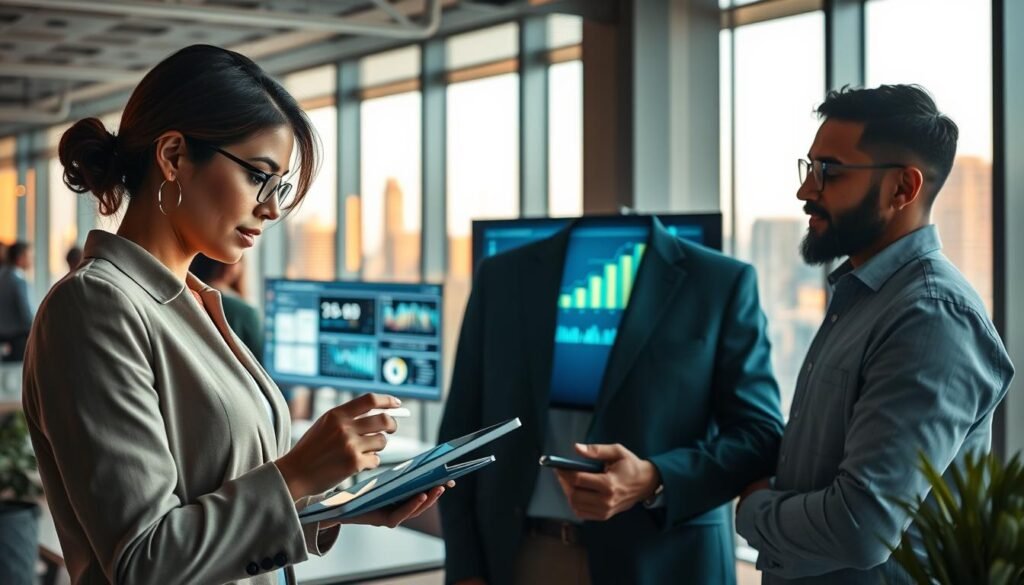 A modern office environment showcasing productivity in sales and marketing, with a diverse group of business professionals engaging with advanced AI tools. In the foreground, a focused woman in professional business attire analyzes data on a sleek tablet, while a man beside her discusses insights from a glowing digital dashboard. In the middle ground, a large screen displays analytics, charts, and lead generation metrics. The background features expansive windows revealing a city skyline, illuminated by warm, natural lighting, creating an inspiring atmosphere. The composition captures the dynamic interactions between technology and teamwork, emphasizing a sense of efficiency and innovation in a vibrant workspace. Use a wide-angle lens to encompass the energy of collaboration.
