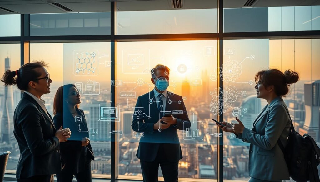 A modern office environment showcasing the concept of natural language processing. In the foreground, a diverse group of three professionals in smart business attire is engaged in an animated discussion, with visual representations of data and algorithms projected around them. The middle layer features a large, translucent digital screen displaying intricate flowcharts and neural network diagrams illustrating AI-driven communication processes. In the background, a large window reveals a bustling city skyline, bathed in warm afternoon light, creating an optimistic atmosphere. The lighting should be bright and focused on the professionals, enhancing the sense of innovation and collaboration. Use a wide-angle lens to capture the dynamic interactions and the high-tech setting.