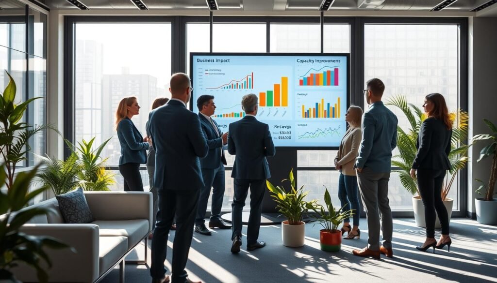 A modern office environment showcasing visual representations of business impact data. In the foreground, a diverse group of business professionals dressed in smart attire, engaged in a strategic discussion around a large digital screen filled with colorful graphs and charts illustrating cost savings, capacity improvements, and efficiency metrics. The middle ground features sleek office furniture and bright potted plants, enhancing a productive atmosphere. In the background, large windows let in natural light, casting soft shadows that create a dynamic and inviting space. The overall mood is one of collaboration and insight, with a color palette that emphasizes professionalism and clarity. The scene captures the essence of innovative decision-making powered by data-driven insights, highlighting the transformative impact of technology in business.