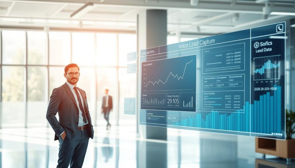 A modern office environment with a sleek, high-tech design. In the foreground, a business professional in smart attire stands confidently beside a large digital screen displaying dynamic graphs and statistics related to voice lead capture metrics. The middle layer features an AI voice agent interface, depicted as floating holographic panels showcasing voice recognition technology and lead data. The background reveals a bright, airy workspace with large windows, allowing natural light to pour in, enhancing the atmosphere of innovation and productivity. The overall mood is professional and forward-thinking, with a focus on technology-driven lead generation and seamless communication. Use a soft focus effect to emphasize the technology, with a slight vignette to draw attention to the central figures.