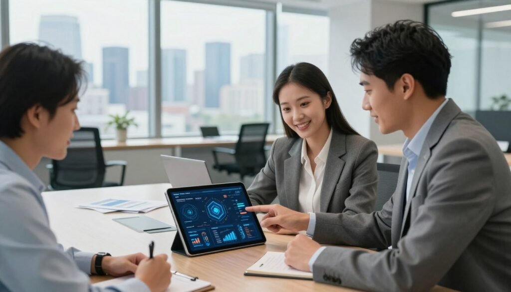 A modern office meeting room, with a large window revealing a city skyline in the background. In the foreground, a diverse group of three professionals in business attire—two men and one woman—are collaborating over a large tablet showing a dynamic data visualization. The woman points to the screen, smiling, while the men observe intently, one taking notes. Soft, natural light floods the room, enhancing the sense of productivity and teamwork. The middle ground features sleek furniture and scattered documents. The atmosphere is focused yet optimistic, embodying the transformative power of AI in legal practices. The angle is slightly elevated, providing a clear view of the interaction and the data on the tablet.
