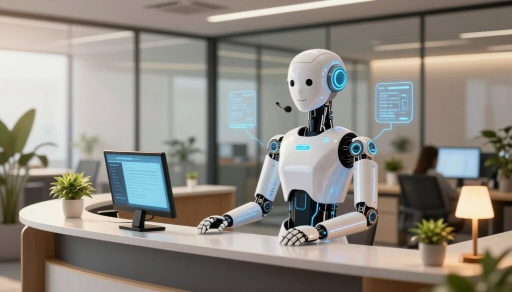 A modern office reception area featuring a hybrid AI receptionist as the central subject. In the foreground, the AI receptionist is a sleek, humanoid figure made of advanced technology, with glowing interfaces and a friendly yet professional demeanor. The middle ground shows a sophisticated desk equipped with digital screens displaying incoming calls and messages, alongside plants and a warm desk lamp, creating an inviting atmosphere. The background features a bright, airy office space with glass walls and stylish furniture, suggesting a contemporary business environment. The lighting is warm and soft, simulating sunlight streaming in, enhancing the overall welcoming vibe. The scene conveys a sense of professionalism, technological innovation, and efficiency, ideal for illustrating the topic of AI receptionists in businesses.