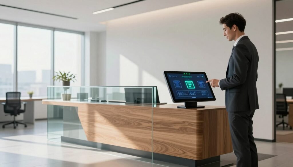 A modern office reception area featuring an AI receptionist interface, showcasing a sleek touchscreen display with visual elements indicating availability, such as green status lights or calendar icons. In the foreground, a well-dressed professional in business attire stands beside the AI interface, interacting with it in a friendly manner. The middle of the image showcases a stylish reception desk made of glass and wood, with minimalist design elements that reflect a contemporary workspace. In the background, large windows allow natural light to flood the room, contributing to a bright and inviting atmosphere. Soft shadows are cast across the floor, and the overall mood is one of professionalism, innovation, and efficiency. The lens should capture a slightly low angle to emphasize the advanced technology of the AI receptionist.
