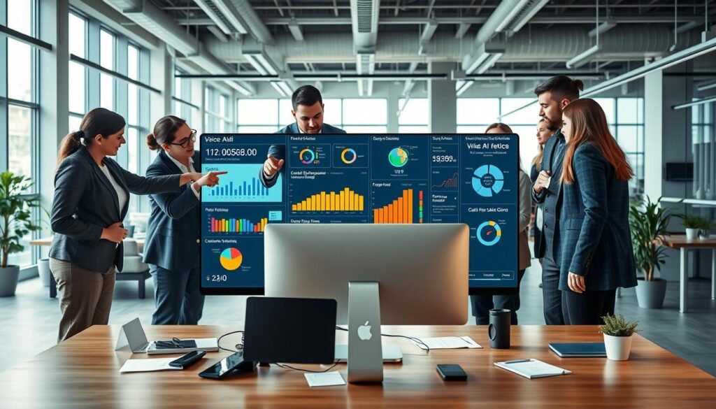 A modern office scene depicting a voice AI dashboard displaying call performance analytics. In the foreground, a diverse group of professionals in business attire are engaged in a collaborative discussion, pointing at the dashboard filled with graphs, pie charts, and metrics illustrating call volume, response times, and customer satisfaction scores. In the middle ground, a sleek, high-tech computer with a colorful display is surrounded by notes and digital devices. The background features an open office layout with large windows allowing natural light to flood the space, creating a bright and motivational atmosphere. The overall mood is dynamic and focused, emphasizing teamwork and innovation in business operations, captured in a wide-angle perspective to show both the professionals and the technology at play. A modern office scene depicting a voice AI dashboard displaying call performance analytics. In the foreground, a diverse group of professionals in business attire are engaged in a collaborative discussion, pointing at the dashboard filled with graphs, pie charts, and metrics illustrating call volume, response times, and customer satisfaction scores. In the middle ground, a sleek, high-tech computer with a colorful display is surrounded by notes and digital devices. The background features an open office layout with large windows allowing natural light to flood the space, creating a bright and motivational atmosphere. The overall mood is dynamic and focused, emphasizing teamwork and innovation in business operations, captured in a wide-angle perspective to show both the professionals and the technology at play.