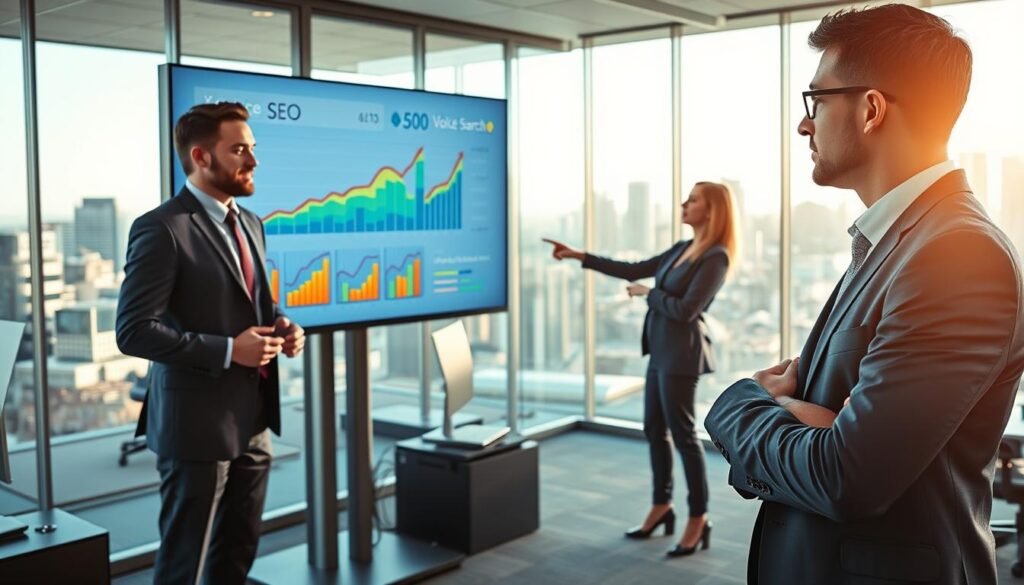 A modern office scene illustrating the concept of SEO results. In the foreground, a confident business professional, dressed in business attire, is analyzing a large digital screen displaying colorful graphs and metrics related to voice search and SEO performance. In the middle ground, other team members are engaged in discussion, pointing at various data visualizations that show upward trends. The background features a sleek office environment with glass walls, high-tech equipment, and cityscape views through large windows. The lighting is bright and natural, suggesting a productive atmosphere. The overall mood conveys a sense of innovation and teamwork, symbolizing the evolving landscape of digital marketing strategies.