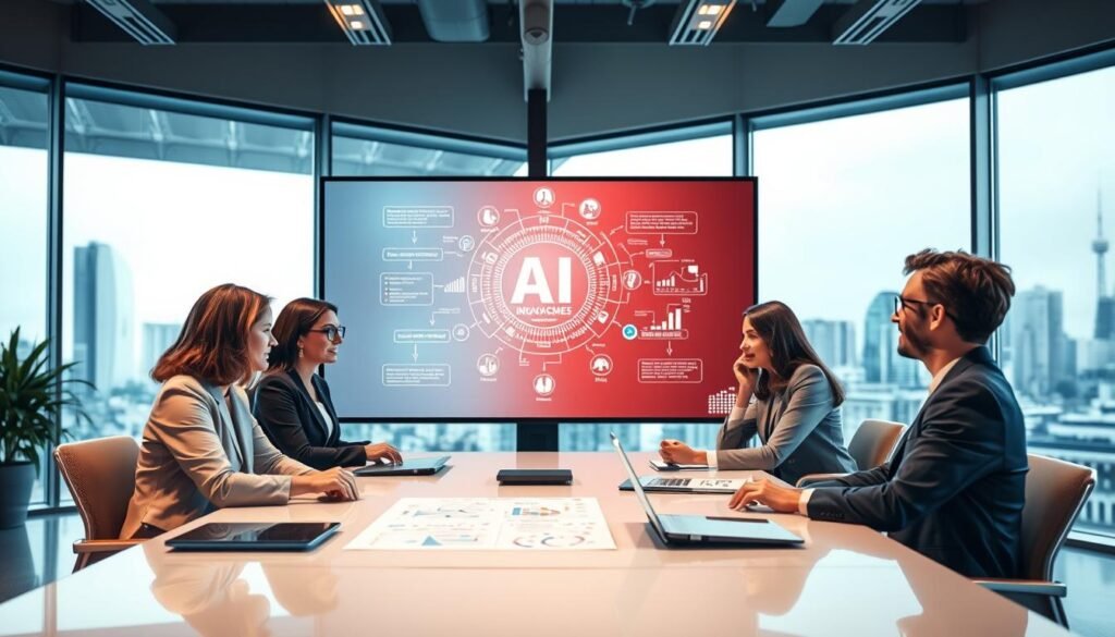 A modern office setting that illustrates effective teams governance management in AI. In the foreground, a diverse group of professionals—two women and one man, all dressed in business attire—are engaged in a collaborative meeting around a sleek conference table with digital devices and charts displaying AI strategies. In the middle, a large screen shows an abstract representation of AI algorithms and data flow, symbolizing responsible AI management. The background features large windows letting in natural light, with a city skyline view that emphasizes innovation. The atmosphere is focused and dynamic, with a warm color palette accentuated by soft ambient lighting, creating a sense of professionalism and collaboration within a futuristic environment.