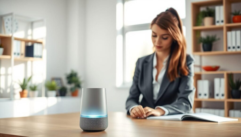 A modern office setting with a sleek, minimalist design, featuring a professional woman in business attire interacting with a voice assistant device on her desk. In the foreground, the voice assistant device emits a soft, glowing light. In the middle ground, the woman appears engaged and focused, demonstrating curiosity and confidence as she uses the voice assistant to streamline a task. The background includes blurred shelves lined with books and plants, conveying a sense of productivity. Soft, natural lighting from a window casts gentle shadows, creating a warm, inviting atmosphere. The image reflects a blend of technology and efficiency, highlighting the user-friendly aspect of voice assistants in the workplace.