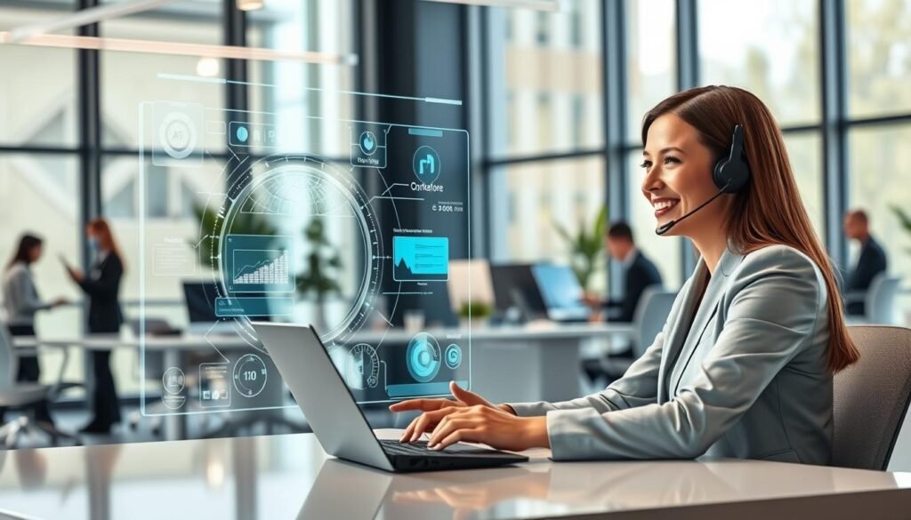 A modern office space showcasing a harmonious collaboration between a human customer service representative and an AI interface. In the foreground, the human, a professionally dressed individual with a friendly demeanor, sits at a sleek desk, engaged with a futuristic holographic AI display that projects data and visual insights. The middle ground features the bright, open office with large windows allowing natural light to stream in, reflecting a welcoming atmosphere. In the background, other employees engage with AI tools, emphasizing a dynamic hybrid support environment. The lighting is soft yet bright, enhancing productivity, with a focus on the human’s expressive interaction with the technology. The overall mood conveys efficiency, innovation, and teamwork. A modern office space showcasing a harmonious collaboration between a human customer service representative and an AI interface. In the foreground, the human, a professionally dressed individual with a friendly demeanor, sits at a sleek desk, engaged with a futuristic holographic AI display that projects data and visual insights. The middle ground features the bright, open office with large windows allowing natural light to stream in, reflecting a welcoming atmosphere. In the background, other employees engage with AI tools, emphasizing a dynamic hybrid support environment. The lighting is soft yet bright, enhancing productivity, with a focus on the human’s expressive interaction with the technology. The overall mood conveys efficiency, innovation, and teamwork.