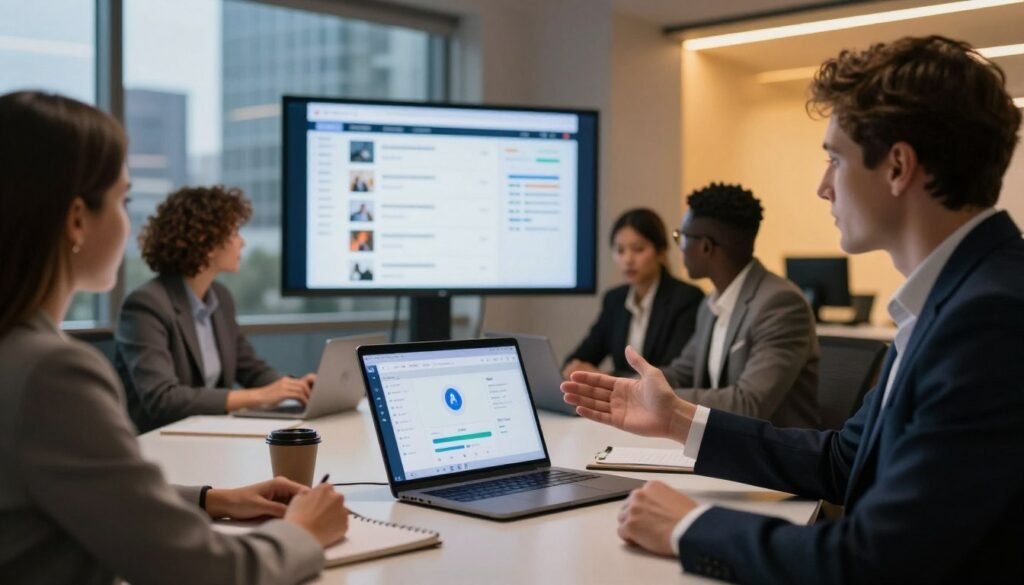 A modern office space showcasing a sleek, high-tech desk with a laptop displaying voice AI software for real estate lead generation. In the foreground, a professional real estate agent, dressed in smart business attire, gestures towards the laptop, demonstrating the voice platform features to a diverse group of clients seated at the table. In the middle, a large digital screen displays analytics and real estate listings, illuminated by warm, ambient lighting. The background features a window with a cityscape view, emphasizing a contemporary urban environment. Soft, focused lighting in the room enhances the atmosphere of innovation and collaboration, creating a sense of professionalism and opportunity.