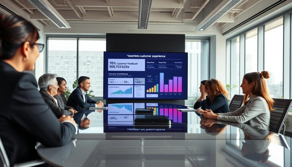 A modern office space that embodies a seamless customer experience, featuring a diverse group of professionals engaged in conversation around a sleek, high-tech conference table. In the foreground, a woman in professional attire is actively discussing with her team, showcasing enthusiasm and collaboration. In the middle ground, a large screen displays positive customer feedback metrics and graphs, indicating efficiency and scale. The background shows a well-lit modern workspace with large windows letting in natural light, creating an inviting atmosphere. The mood is one of innovation and professionalism, with a focus on teamwork and customer-centric solutions. The perspective is slightly angled, mimicking the view from an attendee at the meeting, encapsulating a dynamic and forward-thinking business environment.