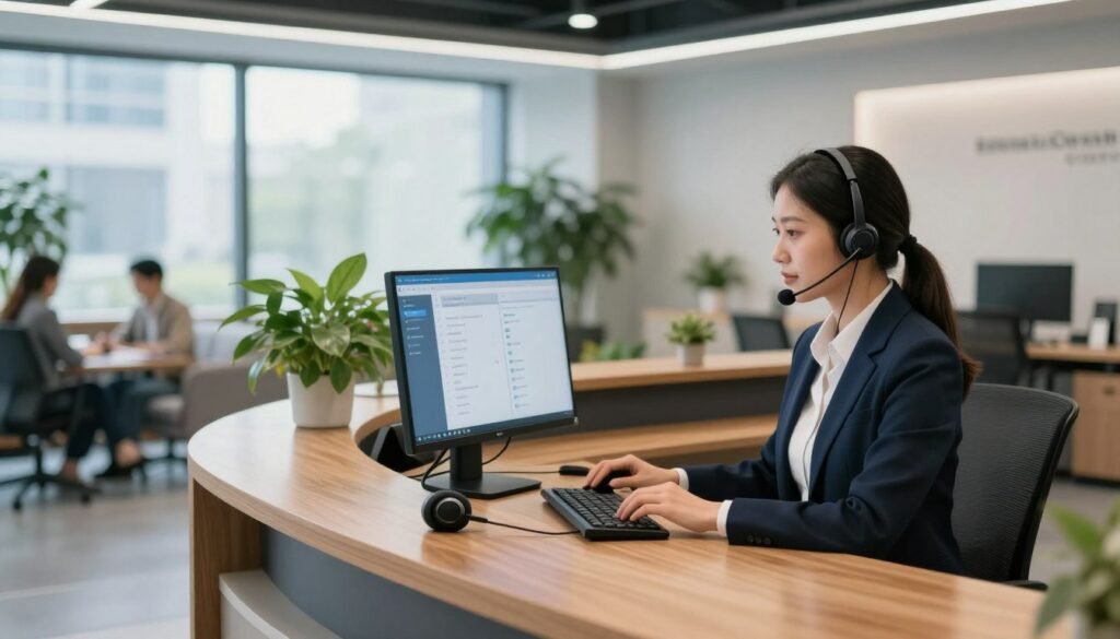 A modern receptionist setup in a bright and welcoming office environment. In the foreground, a sleek reception desk made of polished wood, equipped with a high-quality wireless headset and a computer with a large monitor displaying calls waiting. A professional receptionist, dressed in smart business attire, is attentively engaged with the computer interface, showcasing advanced AI software for call management. The middle ground features lush green plants and a cozy seating area for visitors, emphasizing comfort and accessibility. In the background, large windows allow natural light to flood the room, enhancing the inviting atmosphere. Soft ambient lighting complements the color palette of blues and whites, creating a calm and productive mood. A wide-angle perspective captures the entire scene, emphasizing efficiency and professionalism.