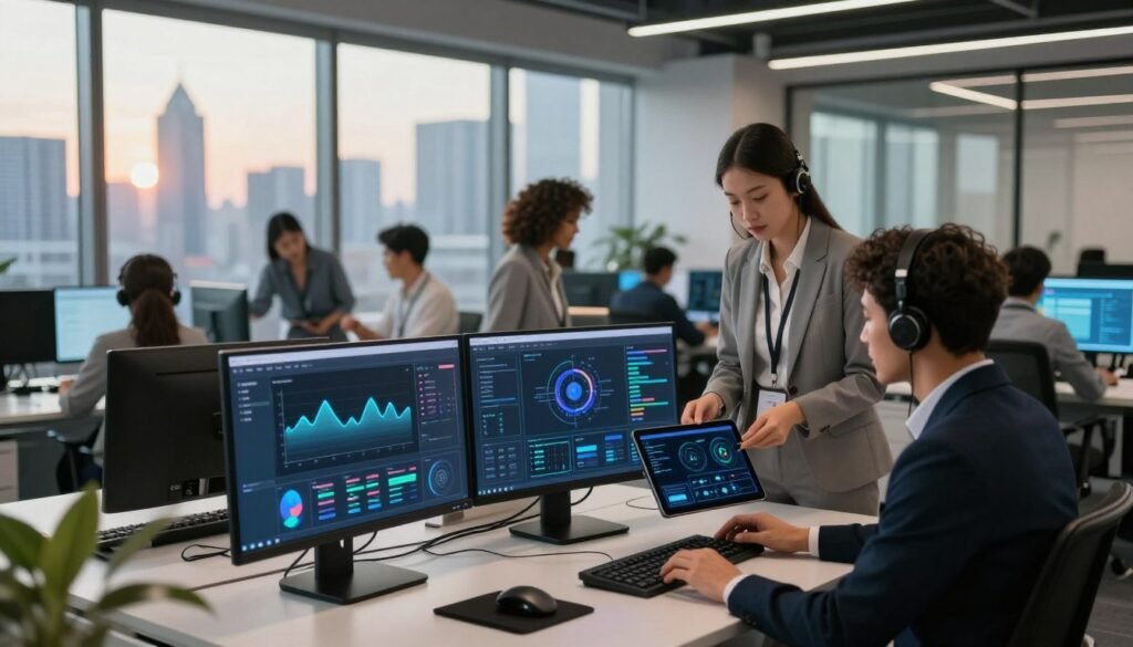A modern, sleek office environment with a focus on advanced voice AI platforms. In the foreground, a high-tech workstation displays multiple screens showcasing dynamic voice interaction graphs and analytics, emphasizing enterprise-level features. The middle ground features a diverse team of professionals, dressed in business attire, collaborating over a digital tablet that visualizes AI performance metrics. In the background, a large glass window reveals a city skyline, with soft daylight filtering in, casting a warm glow across the space. The atmosphere is focused and innovative, with a sense of forward-thinking technology, highlighting the evolution of voice platforms in call centers. Captured with a wide-angle lens to encompass the collaborative environment.