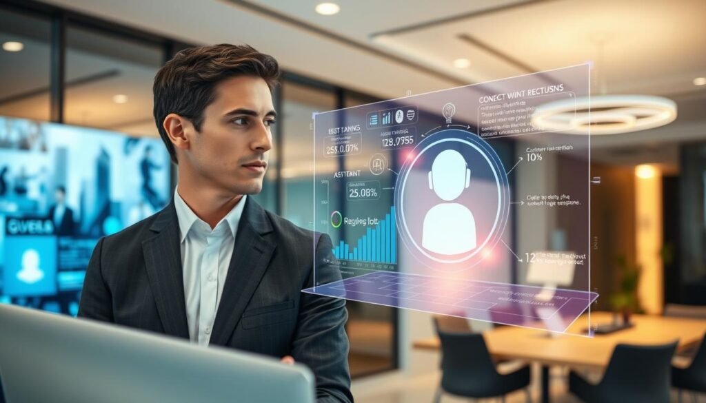 A modern, sleek office environment with an AI voice assistant interface prominently displayed on a large, high-resolution screen. In the foreground, a professional wearing business attire interacts with the device, their focused expression showcasing engagement. In the middle ground, a holographic visualization of call data flows seamlessly, with colorful graphs, keywords, and customer sentiments flowing around the AI interface, illustrating the concept of context retention in conversations. The background features a stylish office space, with soft lighting creating a warm and inviting atmosphere. The entire scene conveys a sense of technological advancement and professionalism, emphasizing the evolution of customer service interactions through AI solutions, captured from a slightly tilted angle to enhance the dynamic feel.