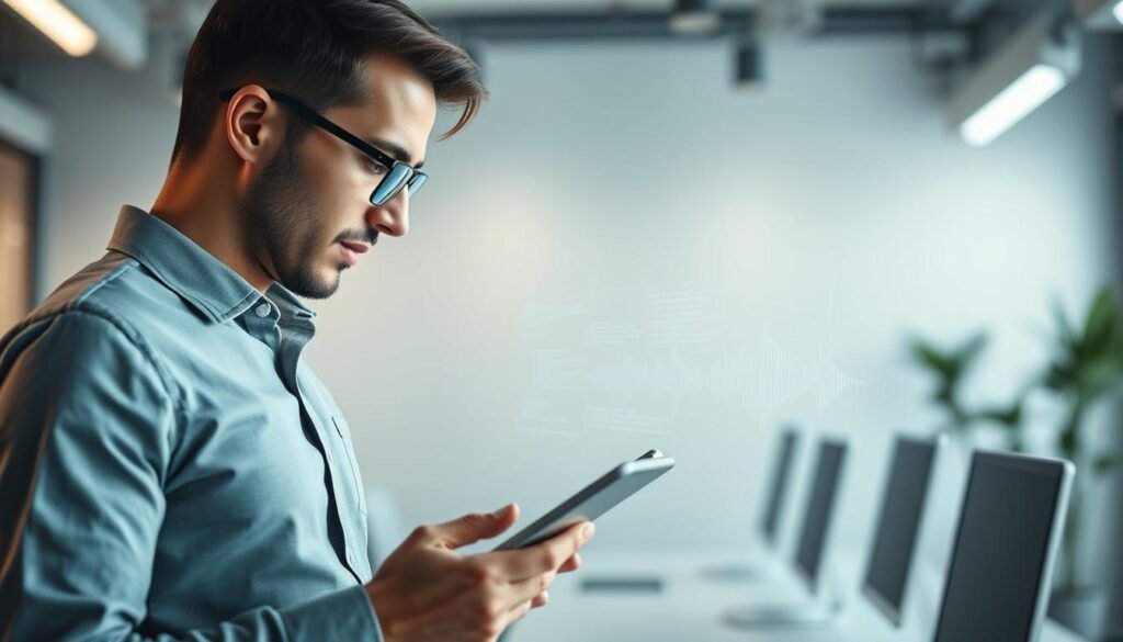 A modern tech workspace featuring a sleek digital interface showcasing "text speech APIs" in action. In the foreground, a focused professional, dressed in smart casual attire, interacts with a tablet displaying complex API integrations related to voice AI technologies. The middle layer should include floating visual elements, resembling code snippets and voice waveforms, illustrating the dynamic nature of API deployments. The background conveys a clean, minimalist office environment with soft, ambient lighting that emphasizes innovation and productivity. A depth-of-field effect enhances the focus on the professional while blurring the workspace slightly, creating an inspiring atmosphere of collaboration and technological advancement. The overall mood is dynamic, reflecting efficiency and futuristic design.