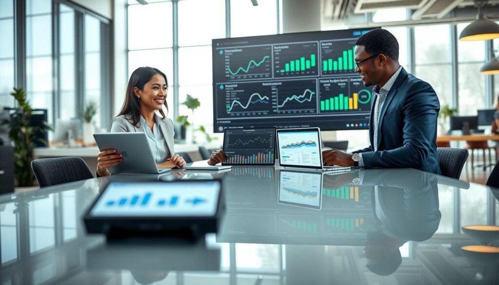 A modern, visually striking office environment illustrating lead generation through voice AI technology. In the foreground, a diverse team of three professionals—one Asian woman and two Black men—are engaged in a lively discussion around a sleek, glass conference table, showcasing digital devices like tablets and laptops displaying analytics dashboards. In the middle ground, a large wall-mounted screen shows graphs and data metrics related to CRM synchronization and deployment speed. The background features an open office space with bright, natural lighting streaming through tall windows, creating an uplifting atmosphere. Soft focus on the background clutter helps highlight the teamwork in the foreground, while a subtle depth of field effect adds to the professionalism of the scene. The overall mood is dynamic and collaborative, conveying innovation and technological advancement.