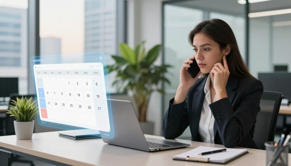 A modern, well-lit office scene focused on a professional woman sitting at a sleek desk with a laptop open in front of her. She is dressed in smart business attire, engaged in a phone conversation, with a look of concentration on her face. In the foreground, a digital interface overlays the scene, showing an appointment calendar filled with available slots. The middle ground features a vibrant plant and a notepad with a pen, symbolizing organization and readiness. In the background, a glass wall reveals a cityscape, bathed in soft afternoon light, enhancing the atmosphere of productivity and efficiency. The image conveys a sense of proactive service and availability in a dynamic work environment, with a focus on technology-enhanced scheduling via AI.