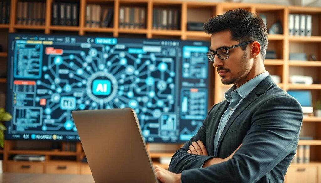 A professional and modern office environment showcasing reliability in technology. In the foreground, a confident engineer in business attire, examining a laptop with analytics on the screen. The middle ground features a large, sleek monitor displaying interconnected systems and data flows, symbolizing AI automation versus traditional software. The background includes shelves filled with books and devices, casting a sense of knowledge and stability. Soft, warm lighting enhances the atmosphere, creating a sense of trust and professionalism. The perspective is slightly tilted, giving a dynamic view of the engineer's focused expression while highlighting the complex network visualizations. Overall, the image evokes a mood of confidence, expertise, and dependability in mission-critical tasks. A professional and modern office environment showcasing reliability in technology. In the foreground, a confident engineer in business attire, examining a laptop with analytics on the screen. The middle ground features a large, sleek monitor displaying interconnected systems and data flows, symbolizing AI automation versus traditional software. The background includes shelves filled with books and devices, casting a sense of knowledge and stability. Soft, warm lighting enhances the atmosphere, creating a sense of trust and professionalism. The perspective is slightly tilted, giving a dynamic view of the engineer's focused expression while highlighting the complex network visualizations. Overall, the image evokes a mood of confidence, expertise, and dependability in mission-critical tasks.