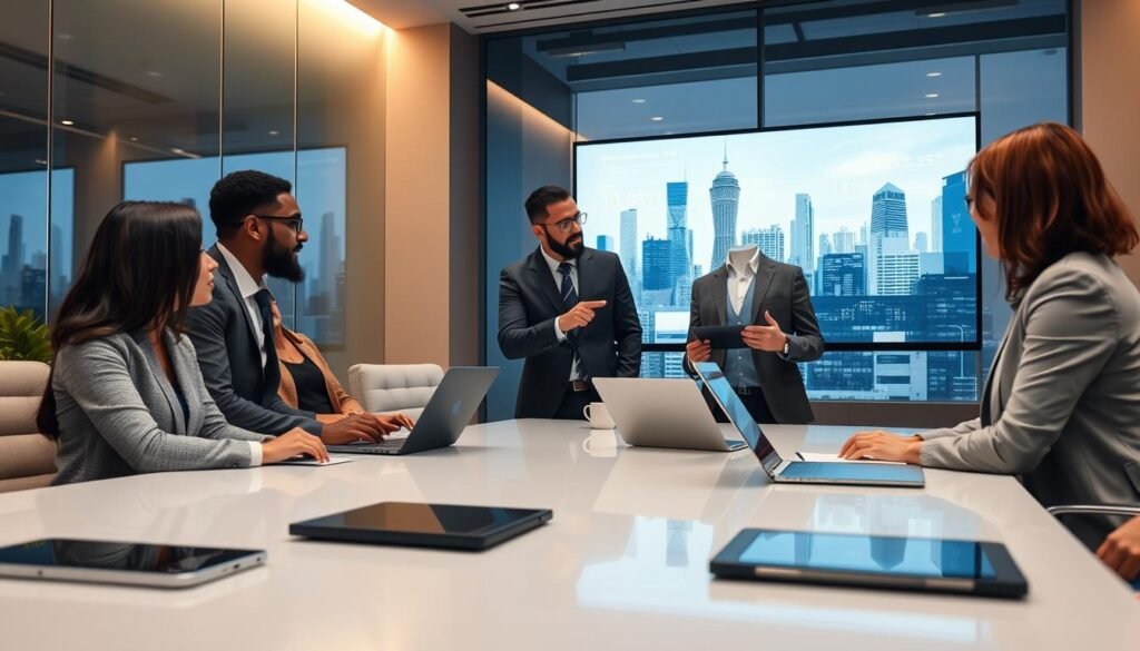 A professional business meeting room setting, where a diverse group of four individuals, each dressed in smart business attire, is engaged in a discussion over data trust decisions. In the foreground, a sleek conference table with digital devices, laptops, and a presentation screen displaying data analytics visuals. The middle layer shows the team members animatedly exchanging ideas, with one person pointing at the screen, while another takes notes. The background features a large window with a view of a futuristic cityscape, showcasing advanced technology. Soft, ambient lighting enhances a focus on collaboration and innovation, creating an atmosphere of determination and strategic thinking. The room is filled with modern decor, emphasizing a forward-thinking corporate environment.