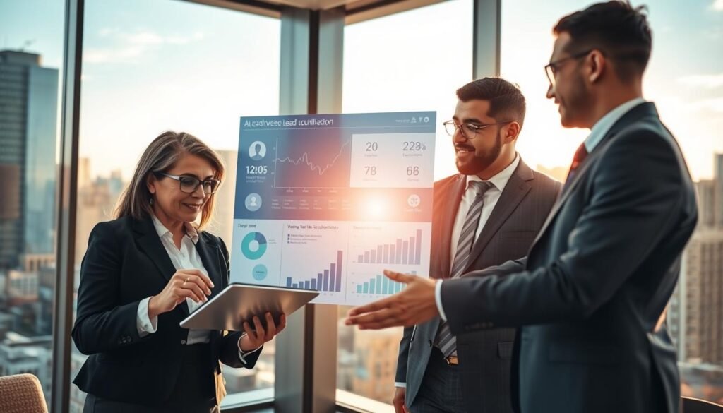 A professional business scene depicting a diverse group of three people engaged in a lead qualification meeting. In the foreground, a middle-aged woman in professional attire is analyzing data on a sleek tablet, while a young man in a suit gestures towards a digital screen showcasing graphs and charts related to AI voice technology. In the background, a modern office environment with large windows revealing a cityscape, warm natural light streaming in, creating a vibrant atmosphere. Soft reflections on the glass surfaces add elegance. The overall mood is dynamic and focused, suggesting innovation and collaboration in the realm of lead qualification automation. The angle is slightly from above, capturing the interaction and technology harmoniously.
