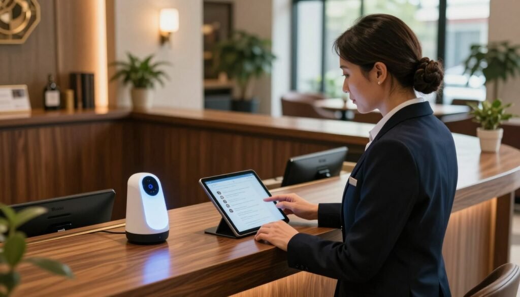 A professional hotel receptionist interacting with a sleek AI voice assistant device at the front desk, handling guest inquiries in an elegant hotel lobby. In the foreground, the receptionist, a middle-aged individual dressed in smart business attire, is intently focused on a tablet displaying guest requests. The middle ground features a modern front desk with rich wooden accents, while a softly glowing AI device sits prominently beside the receptionist. The background shows a welcoming atmosphere with tasteful decorations, potted plants, and a large window allowing natural light to pour in, illuminating the scene. The mood is warm and inviting, reflecting efficiency and professionalism, captured in soft, ambient lighting, using a slightly elevated angle that conveys depth and engagement.