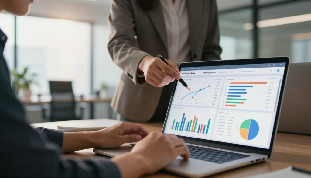 A professional office setting showcasing a digital dashboard displaying scheduling metrics related to appointment bookings. In the foreground, a close-up of a laptop screen shows colorful graphs and charts, illustrating successful metrics like increase in booking rates, cancellation rates, and customer satisfaction scores. In the middle ground, a person in professional business attire interacts with the laptop, thoughtfully analyzing the data, while a second person stands nearby, pointing at the screen with a pen. The background features a modern office environment with large windows allowing natural light to filter in, creating an open and optimistic atmosphere. The camera angle is slightly elevated, capturing both the screen and the engaging interaction, all bathed in warm, inspiring lighting that conveys a sense of success and professionalism.
