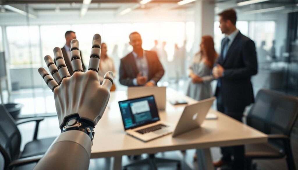 A professional setting featuring a diverse group of business people in an office environment. In the foreground, a human hand reaches out, poised to grasp a robotic hand, symbolizing human-handoff support. The middle layer shows a modern desk with a laptop displaying a chatbot interface, while a concerned employee looks on, contemplating the conversation. The background includes soft-focus elements of a glass-walled conference room with silhouettes of engaged colleagues discussing strategies. The lighting is bright and inviting, accented by natural light from large windows, creating a warm and hopeful atmosphere. The scene conveys collaboration and the importance of transition from AI to human support in communication.