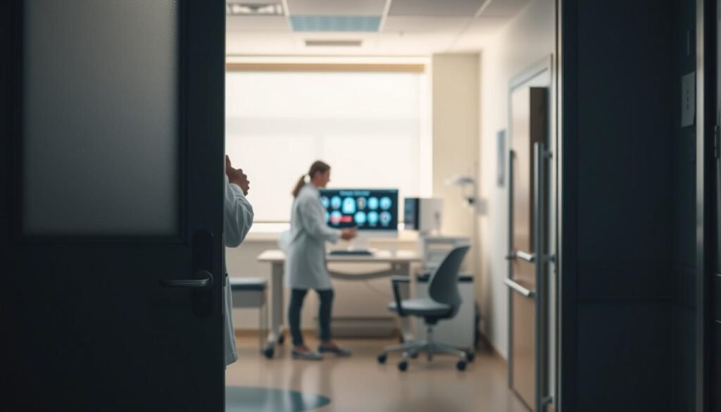 A serene hospital room symbolizes patient privacy in a healthcare setting. In the foreground, a closed door with a frosted glass panel slightly ajar, revealing a silhouette of a healthcare professional in a lab coat discussing patient data with a colleague. The middle ground features a well-organized desk with a computer displaying encrypted patient files, an array of privacy-focused security icons subtly visible on the screen. The background presents a softly lit room with calming colors, showcasing medical equipment neatly arranged, promoting a sense of security. Soft, diffused lighting from a nearby window creates a warm, inviting atmosphere, emphasizing trust and confidentiality in patient communication. The image should convey professionalism and respect for patient privacy, focusing on ethical healthcare practices.