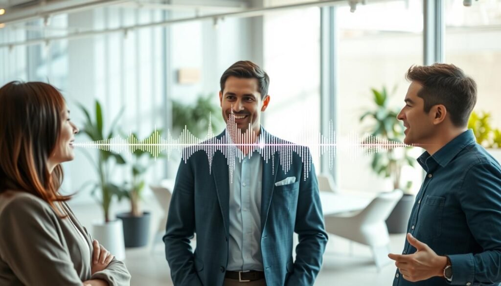 A serene, modern office environment showcasing the concept of "voice presence." In the foreground, a diverse group of three professionals—one woman and two men—engaged in a dynamic conversation, showcasing facial expressions that reflect engagement and understanding. The middle layer features an abstract digital soundwave pattern subtly intertwining with their speech, symbolizing the blend of human interaction and AI technology. In the background, a softly lit workspace with sleek furniture and plants creates a calm atmosphere, suggesting productivity and creativity. Use natural lighting with warm tones to enhance a welcoming mood. The perspective is slightly angled, inviting viewers into the scene, emphasizing the importance of presence in voice communication rather than mere accuracy. A serene, modern office environment showcasing the concept of "voice presence." In the foreground, a diverse group of three professionals—one woman and two men—engaged in a dynamic conversation, showcasing facial expressions that reflect engagement and understanding. The middle layer features an abstract digital soundwave pattern subtly intertwining with their speech, symbolizing the blend of human interaction and AI technology. In the background, a softly lit workspace with sleek furniture and plants creates a calm atmosphere, suggesting productivity and creativity. Use natural lighting with warm tones to enhance a welcoming mood. The perspective is slightly angled, inviting viewers into the scene, emphasizing the importance of presence in voice communication rather than mere accuracy.