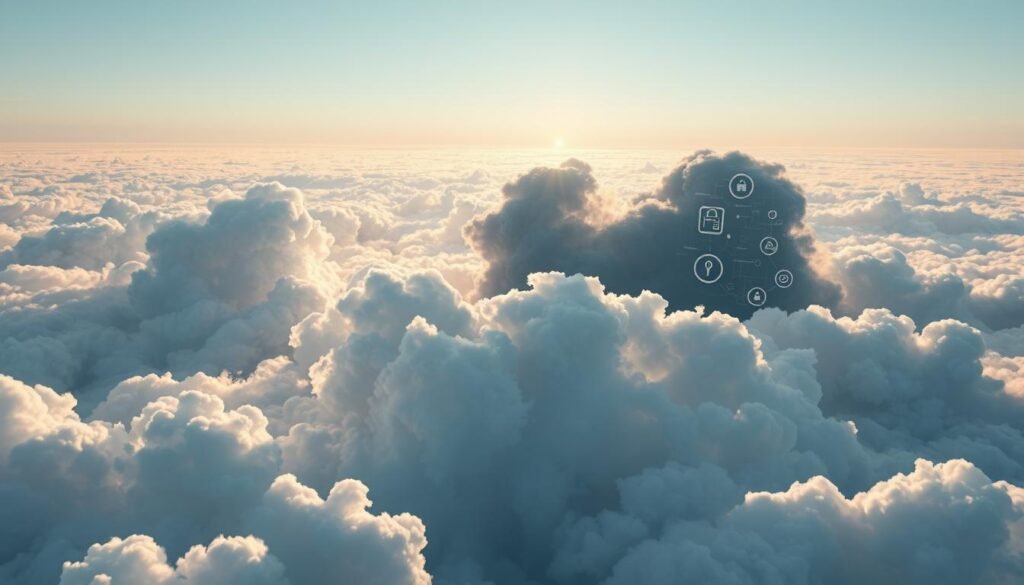 A serene yet dynamic cloud environment, featuring two distinct layers to symbolize public and private AI. In the foreground, fluffy white clouds are interspersed with digital interfaces, representing transparency and accessibility. The middle layer showcases darker, more complex clouds, symbolizing the intricacies of private AI, with hints of locked data icons and shield symbols subtly integrated into the cloud shapes. In the background, a vast blue sky transitions into an atmospheric horizon, creating a sense of depth and exploration. Soft, warm lighting filters through the clouds, casting gentle shadows that evoke a mood of contemplation and security. The perspective should be a slightly upward angle, inviting the viewer to reflect on the balance between openness and protection in AI systems. A serene yet dynamic cloud environment, featuring two distinct layers to symbolize public and private AI. In the foreground, fluffy white clouds are interspersed with digital interfaces, representing transparency and accessibility. The middle layer showcases darker, more complex clouds, symbolizing the intricacies of private AI, with hints of locked data icons and shield symbols subtly integrated into the cloud shapes. In the background, a vast blue sky transitions into an atmospheric horizon, creating a sense of depth and exploration. Soft, warm lighting filters through the clouds, casting gentle shadows that evoke a mood of contemplation and security. The perspective should be a slightly upward angle, inviting the viewer to reflect on the balance between openness and protection in AI systems.