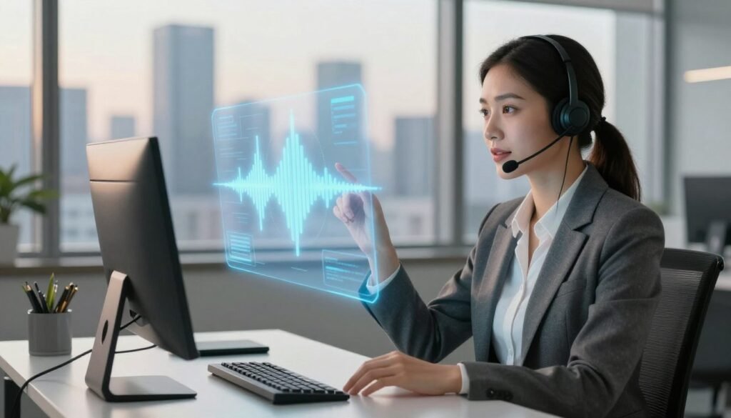 A sleek and modern office environment, depicting a confident businesswoman in professional attire, sitting at a stylish desk with a headset on, engaging in a conversation with a virtual AI interface projected in holographic form. The foreground showcases her focused expression, emphasizing clarity and trust in her voice quality. In the middle, the AI interface features sound waves visually representing voice clarity and tone, glowing in soft blue tones, symbolizing effective communication. The background reveals large windows with a city skyline, bathed in warm afternoon light, creating an inviting atmosphere. The overall mood is professional and serene, highlighting the importance of reliable voice quality in AI communication.