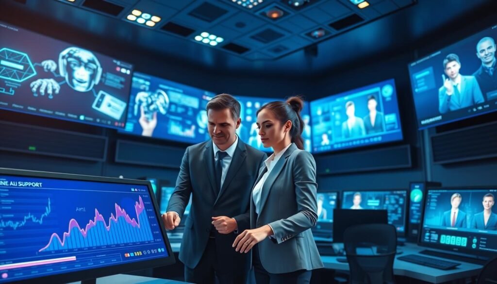 A sleek, modern control room filled with advanced technology representing core AI systems for customer support automation. In the foreground, a large interactive touchscreen displays vibrant graphs and analytics, symbolizing data flow and customer interactions. The middle layer features two professional individuals in business attire, collaborating over the touchscreen, their expressions focused and engaged. The background is filled with multiple large screens showcasing dynamic AI processes and virtual customer avatars, with a soft blue and green glow illuminating the scene. The atmosphere is sophisticated and futuristic, conveying a sense of efficiency and innovation. Use soft, diffused lighting to enhance the mood, captured from a slightly elevated angle to show both the individuals and the technology prominently. A sleek, modern control room filled with advanced technology representing core AI systems for customer support automation. In the foreground, a large interactive touchscreen displays vibrant graphs and analytics, symbolizing data flow and customer interactions. The middle layer features two professional individuals in business attire, collaborating over the touchscreen, their expressions focused and engaged. The background is filled with multiple large screens showcasing dynamic AI processes and virtual customer avatars, with a soft blue and green glow illuminating the scene. The atmosphere is sophisticated and futuristic, conveying a sense of efficiency and innovation. Use soft, diffused lighting to enhance the mood, captured from a slightly elevated angle to show both the individuals and the technology prominently.