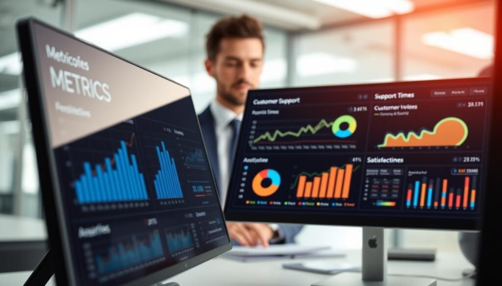 A sleek, modern metrics dashboard displayed on a computer screen, showcasing various performance indicators and analytics graphs. In the foreground, the dashboard is vivid with colorful bar charts, line graphs, and pie charts, all indicating customer support response times and satisfaction rates. The middle ground features a blurred image of a focused business professional in smart attire, analyzing the data with a thoughtful expression. In the background, a brightly lit office environment with soft lighting enhances the modern tech atmosphere. The overall mood is one of efficiency and clarity, reflecting the importance of data-driven decision-making in optimizing customer support operations. The perspective is slightly angled, emphasizing the dashboard's interface and details while maintaining a clean, professional aesthetic. A sleek, modern metrics dashboard displayed on a computer screen, showcasing various performance indicators and analytics graphs. In the foreground, the dashboard is vivid with colorful bar charts, line graphs, and pie charts, all indicating customer support response times and satisfaction rates. The middle ground features a blurred image of a focused business professional in smart attire, analyzing the data with a thoughtful expression. In the background, a brightly lit office environment with soft lighting enhances the modern tech atmosphere. The overall mood is one of efficiency and clarity, reflecting the importance of data-driven decision-making in optimizing customer support operations. The perspective is slightly angled, emphasizing the dashboard's interface and details while maintaining a clean, professional aesthetic.