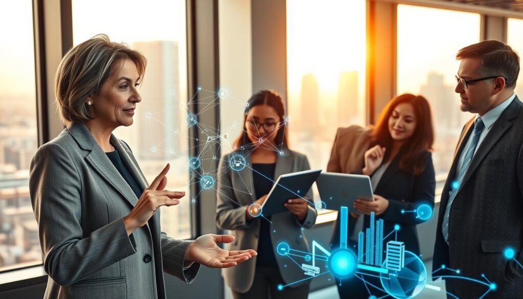 A sleek, modern office environment showcasing a diverse group of four professionals engaged in an animated discussion about artificial intelligence. In the foreground, a middle-aged woman in a tailored blazer confidently gestures towards a holographic display of interconnected digital nodes and data streams, symbolizing AI-powered communication. The middle layer features her colleagues: a young Asian man with glasses analyzing data visuals on a tablet, a Black woman taking notes on a laptop, and a Hispanic man nodding thoughtfully. In the background, large windows reveal a bustling cityscape bathed in warm afternoon sunlight, creating an inviting atmosphere. The image should have a sharp focus on facial expressions and equipment to convey collaboration and innovation, with a slight soft-focus on the cityscape to emphasize the professionals.