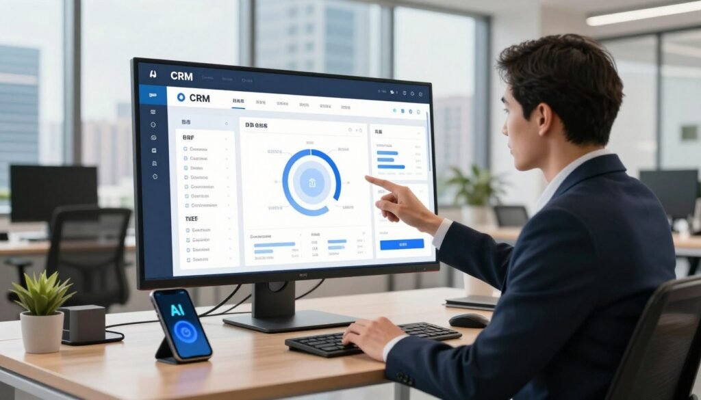 A sleek, modern office environment showcasing a high-tech CRM platform on a large screen with intuitive user interface design. In the foreground, a professional real estate agent, dressed in smart business attire, interacts confidently with the software, gesturing towards data visualizations representing lead conversion metrics. The middle ground features a stylish desk with a few digital devices, like a tablet and a smartphone, connected to advanced AI technology. In the background, large windows allow natural light to fill the space, revealing a vibrant city skyline. The atmosphere conveys innovation and efficiency, emphasizing the powerful blend of AI and real estate technology. The scene is captured with a warm, inviting color palette, using a shallow depth of field to draw attention to the agent and the screen.
