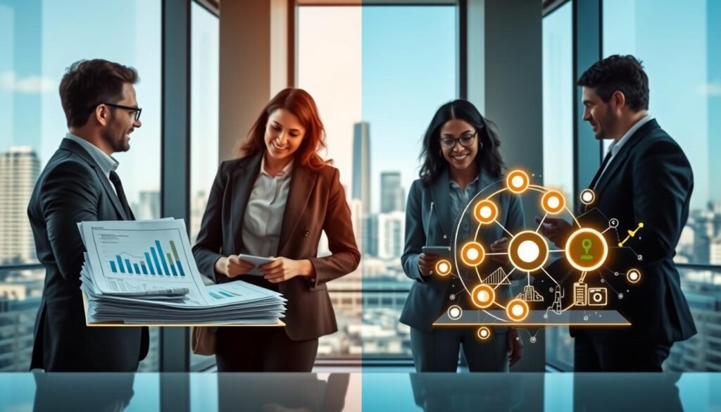 A split-screen image illustrating the concept of "decision-making adaptability." In the foreground, a diverse group of three professionals in business attire, engaged in a collaborative discussion around a digital tablet displaying dynamic graphs and data analysis. In the middle ground, a sleek modern office featuring large windows, with a backdrop of city skyscrapers under a clear blue sky. On one side, traditional software with static charts and spreadsheets represented by a disorganized stack of papers; on the other, AI automation represented as a vibrant, glowing interface with animated elements. Soft lighting enhances a motivating atmosphere, while a shallow depth of field emphasizes the individuals and their interaction. The overall mood is one of innovation and clarity, highlighting the differences in adaptability between the two approaches. A split-screen image illustrating the concept of "decision-making adaptability." In the foreground, a diverse group of three professionals in business attire, engaged in a collaborative discussion around a digital tablet displaying dynamic graphs and data analysis. In the middle ground, a sleek modern office featuring large windows, with a backdrop of city skyscrapers under a clear blue sky. On one side, traditional software with static charts and spreadsheets represented by a disorganized stack of papers; on the other, AI automation represented as a vibrant, glowing interface with animated elements. Soft lighting enhances a motivating atmosphere, while a shallow depth of field emphasizes the individuals and their interaction. The overall mood is one of innovation and clarity, highlighting the differences in adaptability between the two approaches.