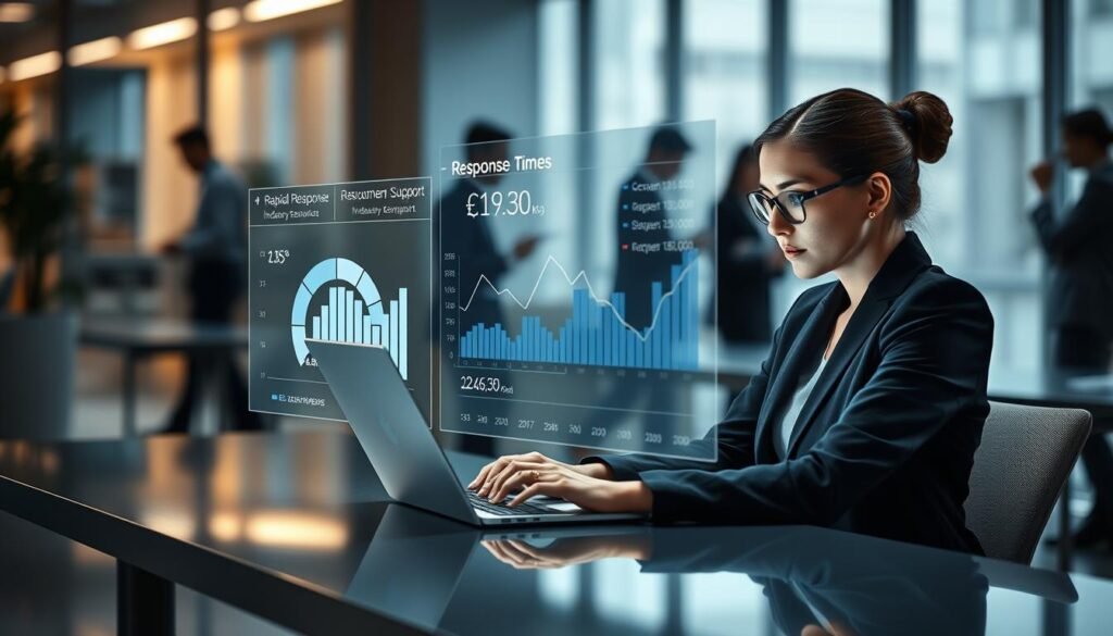 A visually compelling scene illustrating "response times" in a modern corporate setting. In the foreground, a focused businesswoman in professional attire sits at a sleek desk, analyzing data on a high-tech laptop, her expression indicating concentration on customer support metrics. In the middle, graphs and charts displaying rapid response times and industry benchmarks hover in a digital interface, glowing softly. In the background, blurred silhouettes of colleagues engaged in collaboration, emphasizing teamwork in customer service optimization. Soft, ambient lighting highlights the workspace, creating a productive atmosphere. The composition should convey a sense of urgency and efficiency, capturing the essence of AI-driven response time improvement without any text or distractions. A visually compelling scene illustrating "response times" in a modern corporate setting. In the foreground, a focused businesswoman in professional attire sits at a sleek desk, analyzing data on a high-tech laptop, her expression indicating concentration on customer support metrics. In the middle, graphs and charts displaying rapid response times and industry benchmarks hover in a digital interface, glowing softly. In the background, blurred silhouettes of colleagues engaged in collaboration, emphasizing teamwork in customer service optimization. Soft, ambient lighting highlights the workspace, creating a productive atmosphere. The composition should convey a sense of urgency and efficiency, capturing the essence of AI-driven response time improvement without any text or distractions.