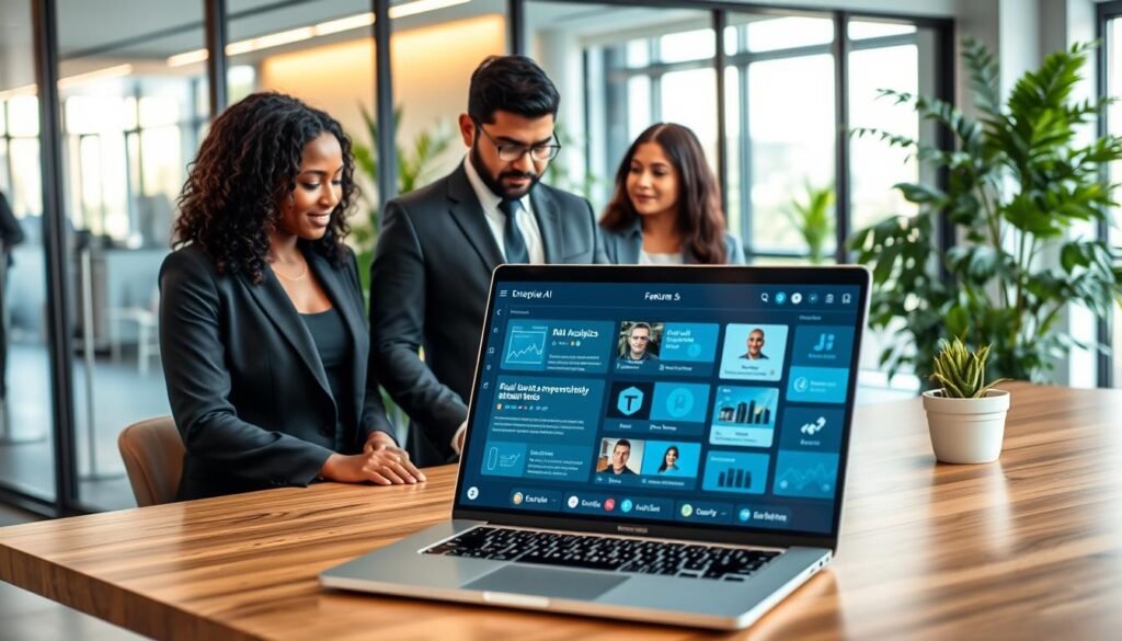 A visually engaging composition illustrating key features of enterprise AI communication tools. In the foreground, a modern office desk with a sleek laptop open to a user interface showcasing data analytics and AI features like real-time chat, virtual meetings, and collaboration tools. In the middle, a diverse group of three professionals—one Black woman and two Hispanic men—dressed in smart business attire, interacting with the technology, appearing engaged and focused. The background features a contemporary office environment, with glass walls, plants, and soft, natural lighting streaming in from large windows. The atmosphere is dynamic and innovative, emphasizing collaboration and efficiency, captured from a slightly overhead angle to enhance depth. A visually engaging composition illustrating key features of enterprise AI communication tools. In the foreground, a modern office desk with a sleek laptop open to a user interface showcasing data analytics and AI features like real-time chat, virtual meetings, and collaboration tools. In the middle, a diverse group of three professionals—one Black woman and two Hispanic men—dressed in smart business attire, interacting with the technology, appearing engaged and focused. The background features a contemporary office environment, with glass walls, plants, and soft, natural lighting streaming in from large windows. The atmosphere is dynamic and innovative, emphasizing collaboration and efficiency, captured from a slightly overhead angle to enhance depth.