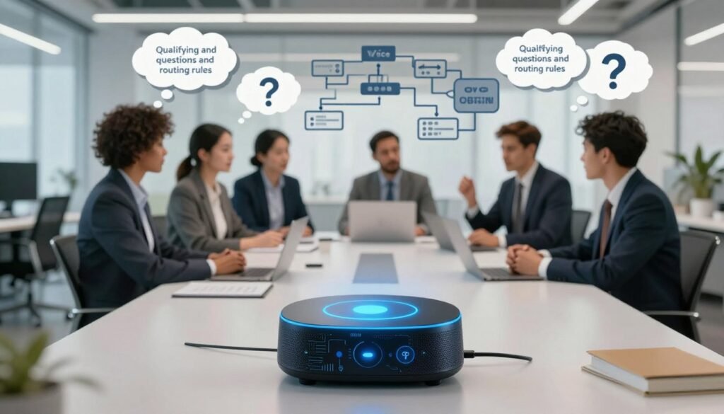 A visually engaging illustration depicting the concept of "qualifying questions and routing rules" in the context of voice AI for appointment booking. In the foreground, a sleek voice assistant device with glowing indicators, showcasing intricate circuits and buttons. In the middle, a diverse group of professionals in business attire engaged in a brainstorming session, with thought bubbles featuring question marks and flowcharts representing routing rules. The background features a modern office space with soft diffused lighting, creating a productive atmosphere. Use a wide-angle lens to capture the depth of the room, while ensuring the mood is focused and collaborative, reflecting a forward-thinking technological environment. Avoid any text elements or distracting details to maintain clarity.