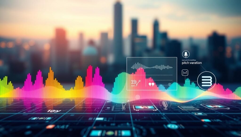 A visually engaging representation of emotional tags and prosody control in voice AI, featuring a digital landscape. In the foreground, an abstract soundwave forms a vibrant spectrum of colors, symbolizing various emotions like joy, sadness, and surprise. The middle ground includes stylized graphical elements resembling digital interfaces, showcasing waveform analysis, pitch variation, and emotional tagging icons. The background features a blurred, futuristic cityscape that hints at advanced technology and innovation. Soft, ambient lighting casts a warm glow, enhancing a sense of creativity and inspiration. The mood is dynamic yet professional, inviting viewers to explore the intricacies of speech technology and emotional depth, all while maintaining a polished and modern aesthetic.
