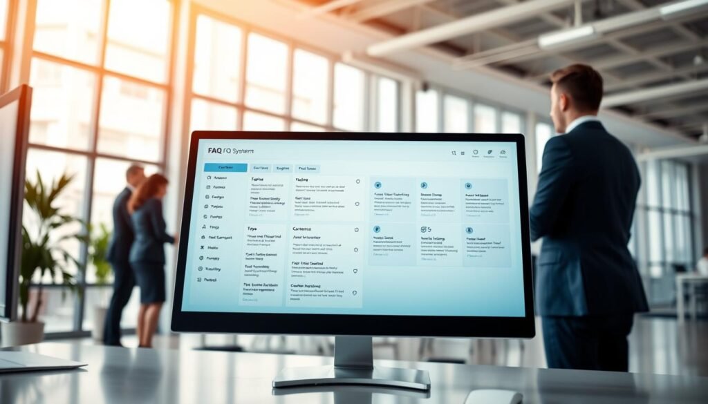 A visually engaging scene depicting a modern FAQ system in action. In the foreground, a sleek computer monitor displays a clean, user-friendly FAQ interface, with neatly organized sections and icons symbolizing various topics. In the middle ground, a diverse group of professionals in business attire interacts with the system, demonstrating teamwork and collaboration as they respond to customer inquiries. The background features a bright, airy office environment with soft natural lighting filtering through large windows, enhancing the atmosphere of productivity and modernity. A sense of clarity and efficiency pervades the image, encapsulating the effectiveness of traditional FAQ systems in a technology-driven world. The angle is slightly elevated, offering an overview of the setup without any text or distractions. A visually engaging scene depicting a modern FAQ system in action. In the foreground, a sleek computer monitor displays a clean, user-friendly FAQ interface, with neatly organized sections and icons symbolizing various topics. In the middle ground, a diverse group of professionals in business attire interacts with the system, demonstrating teamwork and collaboration as they respond to customer inquiries. The background features a bright, airy office environment with soft natural lighting filtering through large windows, enhancing the atmosphere of productivity and modernity. A sense of clarity and efficiency pervades the image, encapsulating the effectiveness of traditional FAQ systems in a technology-driven world. The angle is slightly elevated, offering an overview of the setup without any text or distractions.