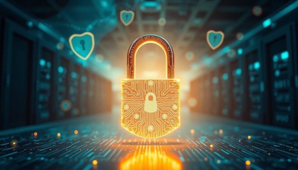 A visually striking representation of encryption, focusing on a secure digital environment. In the foreground, visualize a glowing, intricate padlock intertwined with digital circuit patterns, symbolizing data protection. In the middle, a softly illuminated backdrop showcases abstract binary code flowing seamlessly, interspersed with floating shields to represent cybersecurity measures. In the background, subtle silhouettes of servers and data centers create depth, hinting at corporate environments. The lighting is a combination of cool blues and greens, conveying a sense of technology and security. Capture an atmosphere of trust and safety, emphasizing the importance of encryption in safeguarding sensitive information. The image should be crisp, with a shallow depth of field, focusing on the padlock while softening the scenery beyond. A visually striking representation of encryption, focusing on a secure digital environment. In the foreground, visualize a glowing, intricate padlock intertwined with digital circuit patterns, symbolizing data protection. In the middle, a softly illuminated backdrop showcases abstract binary code flowing seamlessly, interspersed with floating shields to represent cybersecurity measures. In the background, subtle silhouettes of servers and data centers create depth, hinting at corporate environments. The lighting is a combination of cool blues and greens, conveying a sense of technology and security. Capture an atmosphere of trust and safety, emphasizing the importance of encryption in safeguarding sensitive information. The image should be crisp, with a shallow depth of field, focusing on the padlock while softening the scenery beyond.