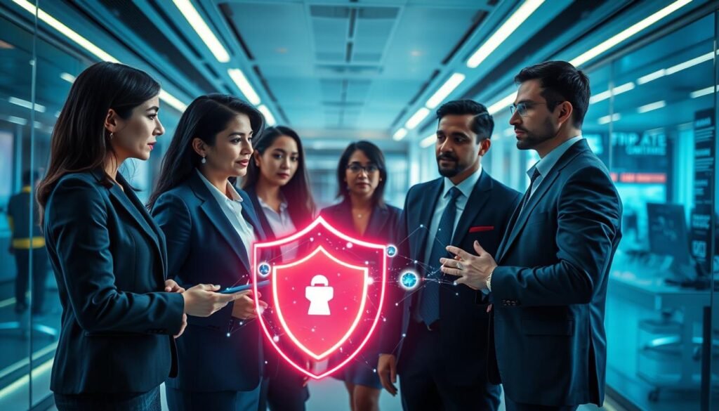 A visually striking representation of "non-targetability services data security" within a high-tech environment. In the foreground, a diverse group of professionals in business attire, including a woman of Asian descent and a man of African descent, discuss intricate data flow patterns displayed on holographic screens. In the middle, vibrant digital shields symbolizing security surround abstract representations of data points, emphasizing their protection. The background features a sleek, modern office filled with advanced technology, illuminated by soft blue and green lighting that creates a calm and focused atmosphere. The angle is slightly elevated, providing a broad perspective that captures the collaboration and innovation in data security. The overall mood is one of confidence and forward-thinking, showcasing the advanced capabilities of private AI services in ensuring data privacy. A visually striking representation of "non-targetability services data security" within a high-tech environment. In the foreground, a diverse group of professionals in business attire, including a woman of Asian descent and a man of African descent, discuss intricate data flow patterns displayed on holographic screens. In the middle, vibrant digital shields symbolizing security surround abstract representations of data points, emphasizing their protection. The background features a sleek, modern office filled with advanced technology, illuminated by soft blue and green lighting that creates a calm and focused atmosphere. The angle is slightly elevated, providing a broad perspective that captures the collaboration and innovation in data security. The overall mood is one of confidence and forward-thinking, showcasing the advanced capabilities of private AI services in ensuring data privacy.