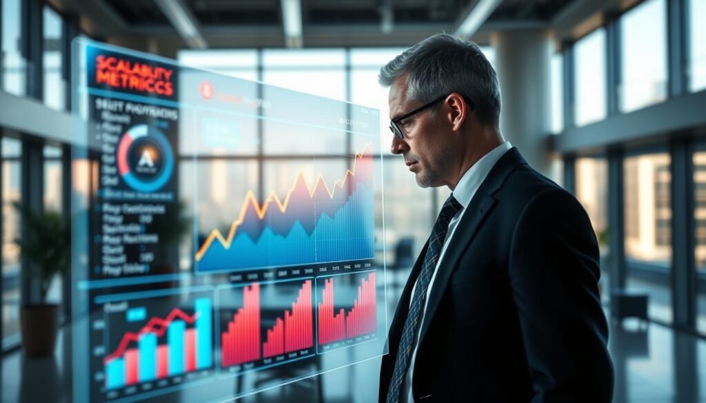 A visually striking representation of scalability metrics, featuring a futuristic digital dashboard in the foreground with vibrant graphs and data points illustrating growth trends. In the middle ground, a professional business analyst, dressed in smart business attire, intently examines the metrics displayed on a holographic screen, capturing a moment of analysis. The background shows a modern office with large windows, allowing natural light to flood the space, enhancing a sense of transparency and openness. The atmosphere is one of focus and professionalism, evoking the efficiency of AI in business operations. The scene is well-lit with a slightly blurred depth of field, emphasizing the metrics and the analyst in sharp detail, while the office space provides a minimalistic and clean aesthetic.